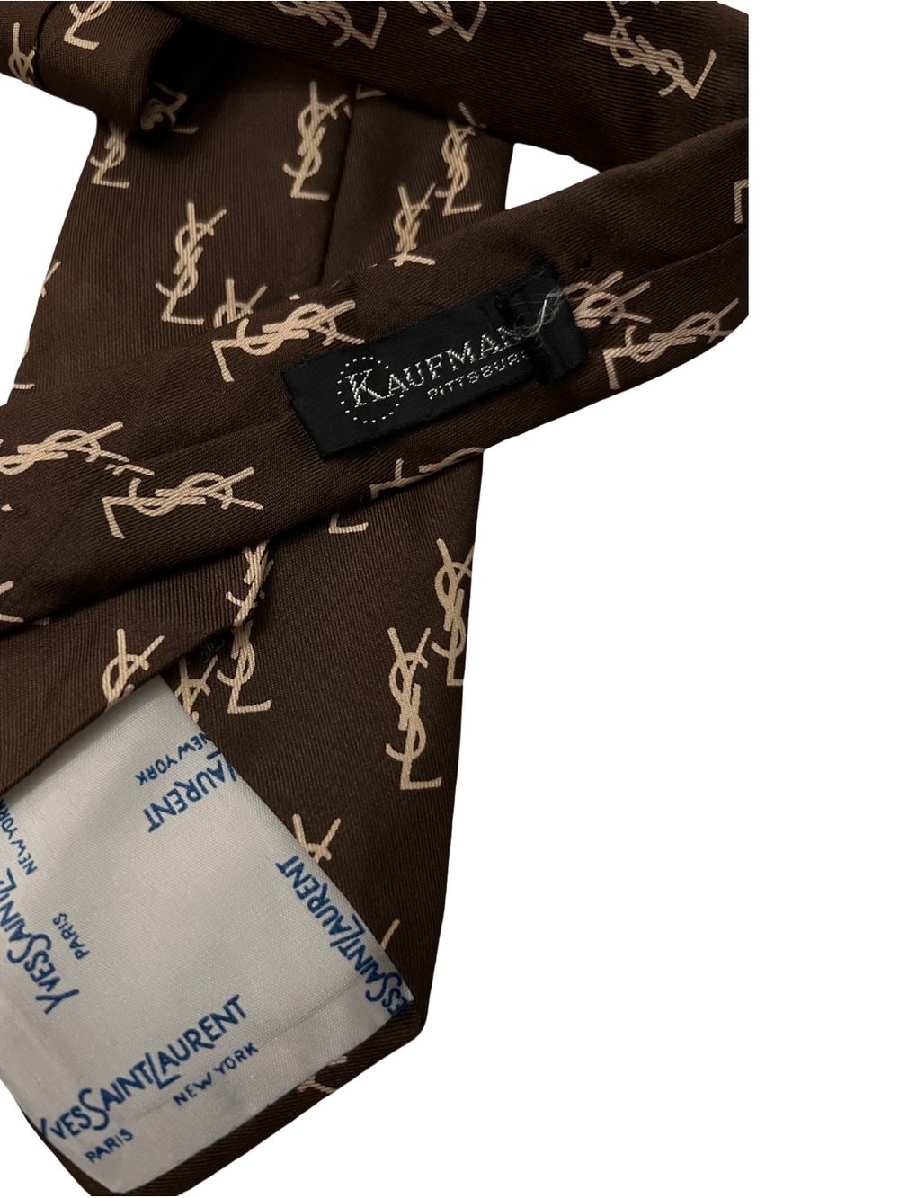 Yves Saint Laurent Men's Brown/Beige Woven Silk Logo Pattern Classic Necktie - Picture 5 of 5
